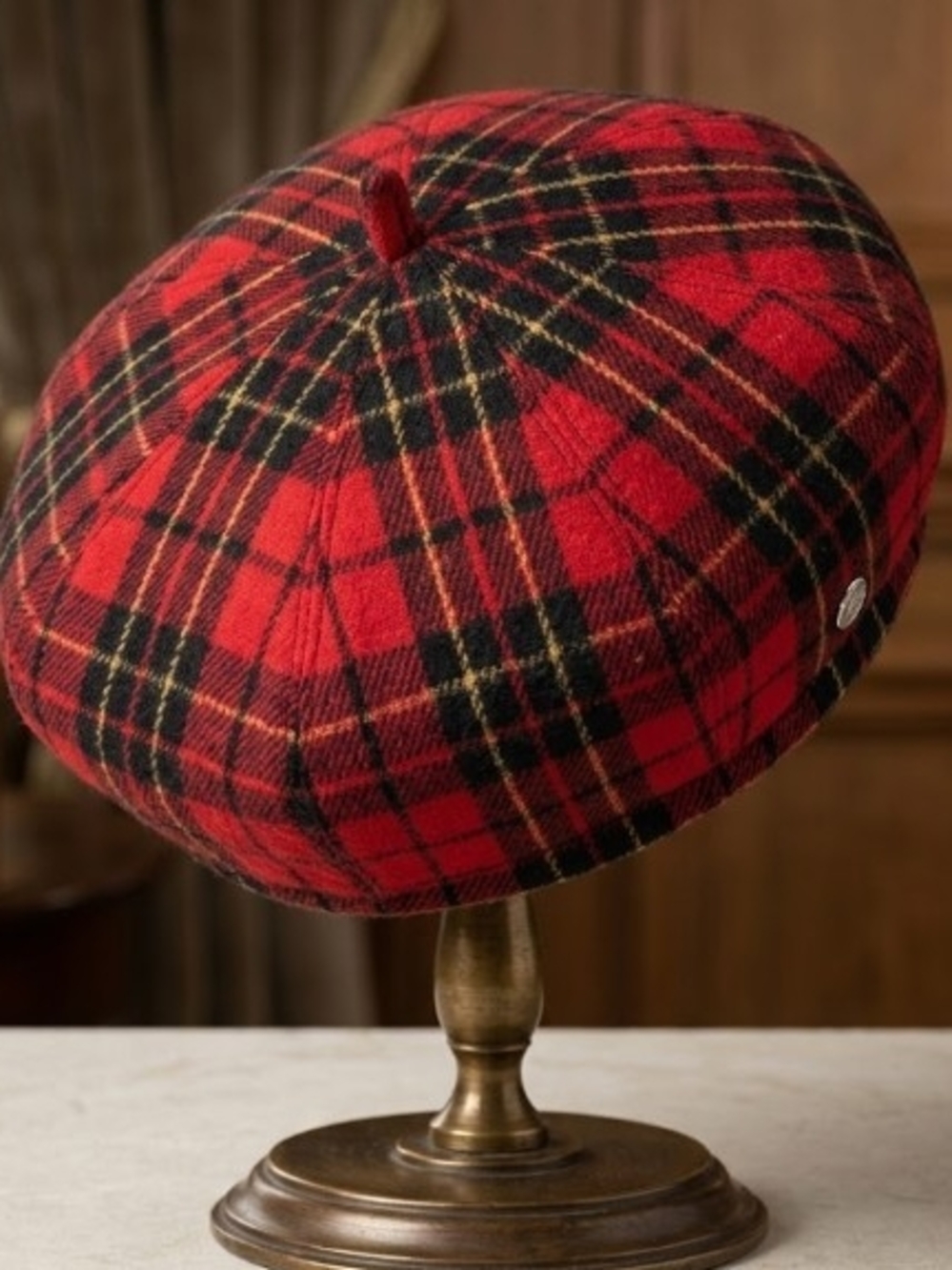 Red Plaid Wool Blend Beret Adjustable Size - Classic Warm Statement